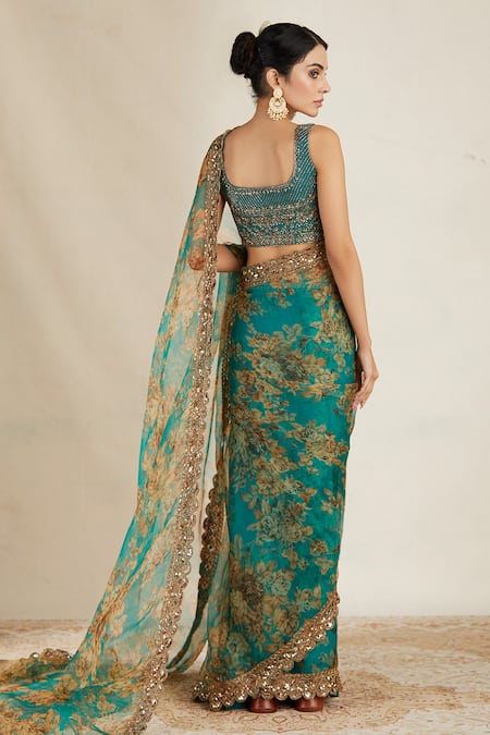 Astha Narang_Green Organza, Crepe Floral Print Saree Set _Online_at_Aza_Fashions