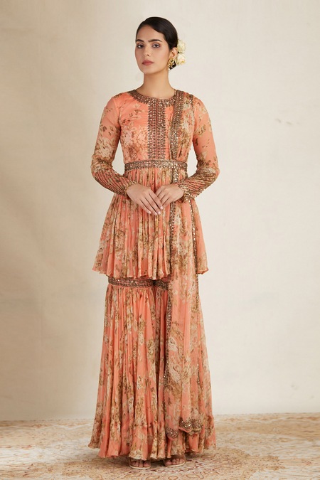 Astha Narang Peach Crepe, Chiffon Round Floral Print Kurta Sharara Set 