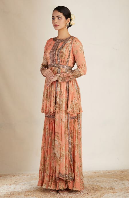 Astha Narang Peach Crepe, Chiffon Round Floral Print Kurta Sharara Set Online at Aza Fashions Astha Narang_Peach Crepe, Chiffon Round Floral Print Kurta Sharara Set _Online_at_Aza_Fashions