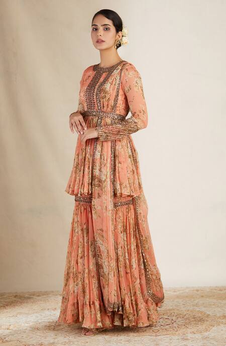 Buy Astha Narang Peach Crepe, Chiffon Round Floral Print Kurta Sharara Set Online at Aza Fashions Buy_Astha Narang_Peach Crepe, Chiffon Round Floral Print Kurta Sharara Set _Online_at_Aza_Fashions