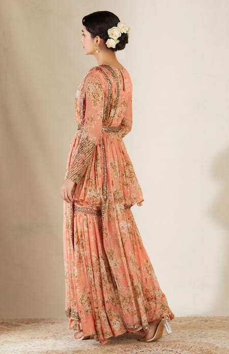 Shop Astha Narang Peach Crepe, Chiffon Round Floral Print Kurta Sharara Set at Aza Fashions Shop_Astha Narang_Peach Crepe, Chiffon Round Floral Print Kurta Sharara Set _at_Aza_Fashions