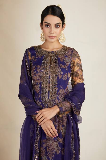 Astha Narang_Blue Organza, Crepe Round Printed Kurta Set _Online_at_Aza_Fashions