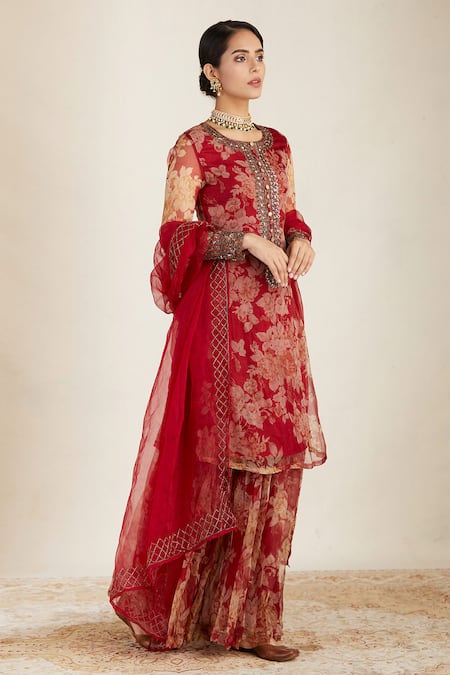 Astha Narang_Red Organza, Crepe Round Printed Kurta Sharara Set _Online_at_Aza_Fashions