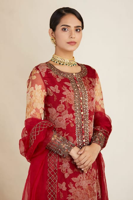 Buy_Astha Narang_Red Organza, Crepe Round Printed Kurta Sharara Set _Online_at_Aza_Fashions