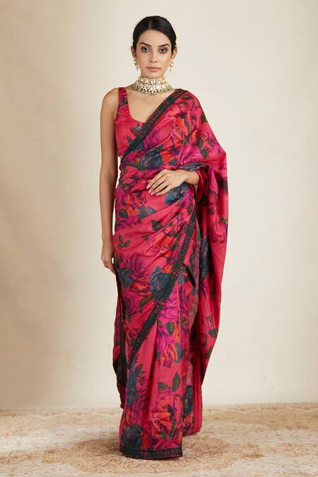 Shop_Astha Narang_Pink Silk Floral Print Saree _Online_at_Aza_Fashions