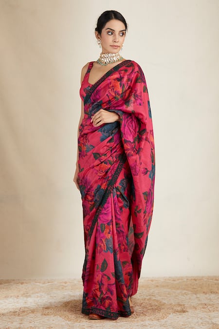 Buy_Astha Narang_Pink Silk Floral Print Saree _Online_at_Aza_Fashions