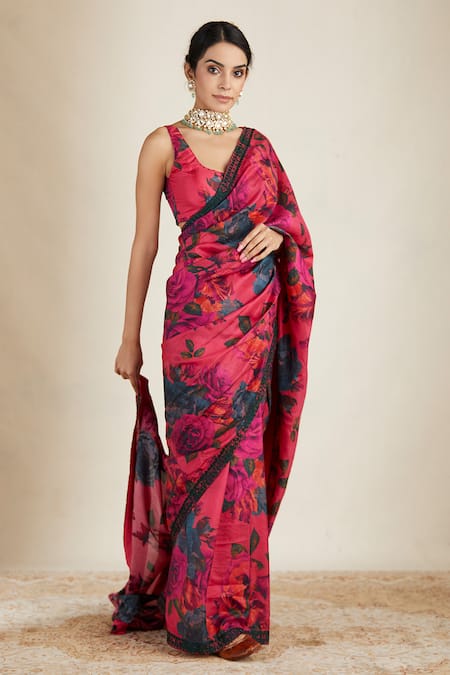 Astha Narang Pink Silk Floral Print Saree  