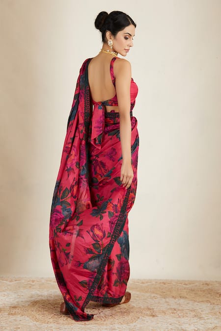 Shop_Astha Narang_Pink Silk Floral Print Saree _at_Aza_Fashions