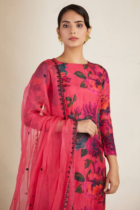 Shop Astha Narang Pink Silk, Net, Crepe Round Floral Print Kurta Set Online at Aza Fashions Shop_Astha Narang_Pink Silk, Net, Crepe Round Floral Print Kurta Set _Online_at_Aza_Fashions