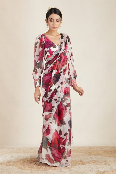 Astha Narang White Crepe, Chiffon V Neck Floral Print Saree With Blouse Online at Aza Fashions Astha Narang_White Crepe, Chiffon V Neck Floral Print Saree With Blouse _Online_at_Aza_Fashions