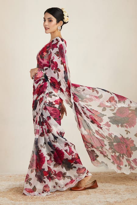 Buy Astha Narang White Crepe, Chiffon V Neck Floral Print Saree With Blouse Online at Aza Fashions Buy_Astha Narang_White Crepe, Chiffon V Neck Floral Print Saree With Blouse _Online_at_Aza_Fashions