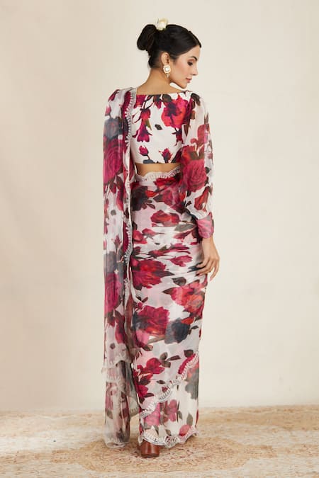 Shop Astha Narang White Crepe, Chiffon V Neck Floral Print Saree With Blouse at Aza Fashions Shop_Astha Narang_White Crepe, Chiffon V Neck Floral Print Saree With Blouse _at_Aza_Fashions