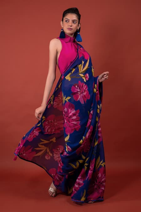 Rimi Nayak_Blue Organza Chrysanthemum Floral Print Saree _Online_at_Aza_Fashions