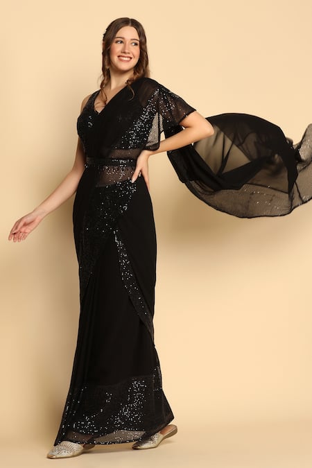 Buy_Two Sisters By Gyans_Black Georgette Sequins, Embroidery, Beads V-neck Pre-draped Saree With Blouse _Online_at_Aza_Fashions
