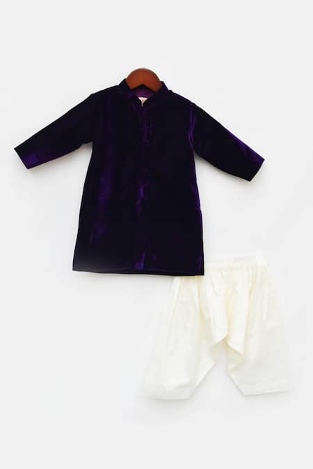 Buy_Fayon Kids_Purple Velvet, Cotton, Silk Full Sleeve Achkan And Pant Set _Online_at_Aza_Fashions