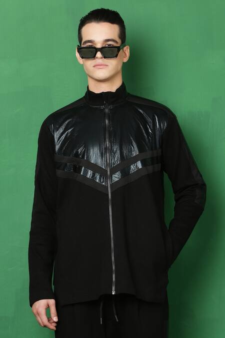 I Am Trouble By KC_Black Banana Crepe And Holographic Racing Stripe Jacket & Joggers Set_Online_at_Aza_Fashions