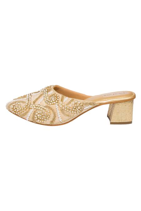 Kkarma Accessories_Gold Embroidery Mule Block Heels _Online_at_Aza_Fashions