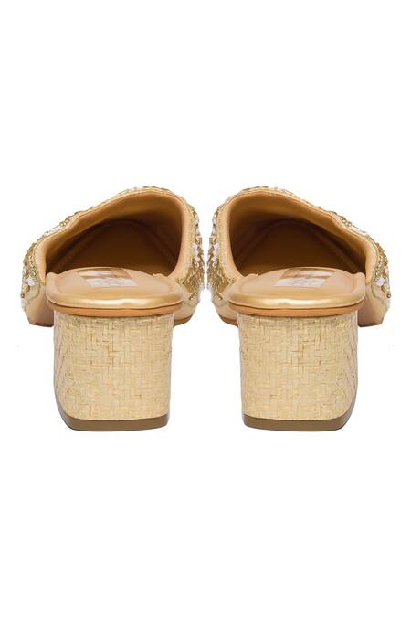 Buy_Kkarma Accessories_Gold Embroidery Mule Block Heels _Online_at_Aza_Fashions