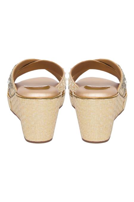 Shop Kkarma Accessories Gold Embroidery Devika Criss Cross Platform Wedges Online at Aza Fashions Shop_Kkarma Accessories_Gold Embroidery Devika Criss Cross Platform Wedges _Online_at_Aza_Fashions