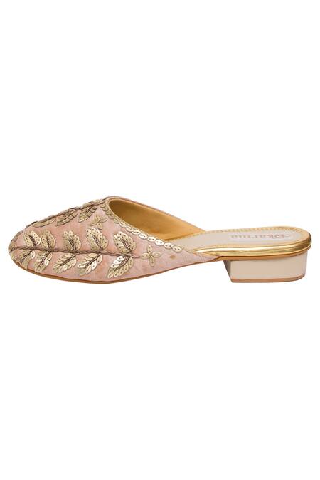 Kkarma Accessories_Pink Rose Gold Floral Embroidered Mules _Online_at_Aza_Fashions