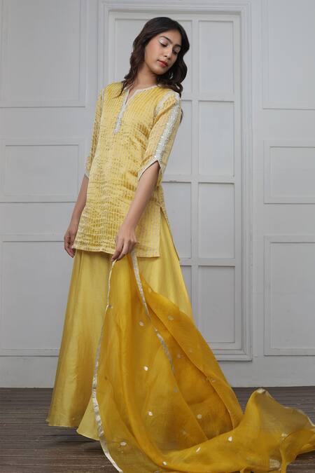 Myoho_Yellow Silk Embroidery V-neck Banarasi Zari Striped Kurta Palazzo Set _Online_at_Aza_Fashions