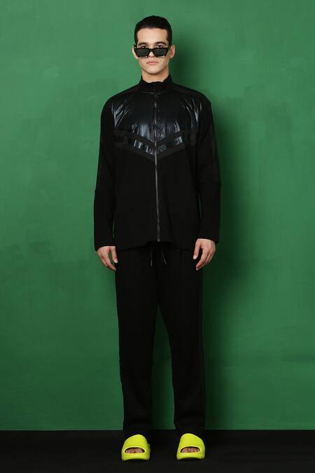 I Am Trouble By KC_Black Banana Crepe And Holographic Racing Stripe Jacket & Joggers Set_at_Aza_Fashions