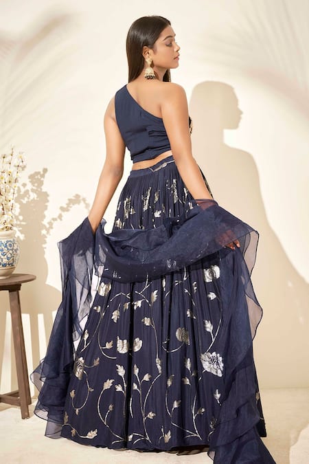 Shop Suruchi Parakh Blue Georgette Crepe, Lining Embroidered Lehenga Set With Ruffle Dupatta at Aza Fashions Shop_Suruchi Parakh_Blue Georgette Crepe, Lining Embroidered Lehenga Set With Ruffle Dupatta _at_Aza_Fashions