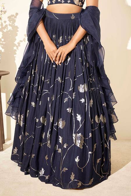 Suruchi Parakh Blue Georgette Crepe, Lining Embroidered Lehenga Set With Ruffle Dupatta at Aza Fashions Suruchi Parakh_Blue Georgette Crepe, Lining Embroidered Lehenga Set With Ruffle Dupatta _at_Aza_Fashions
