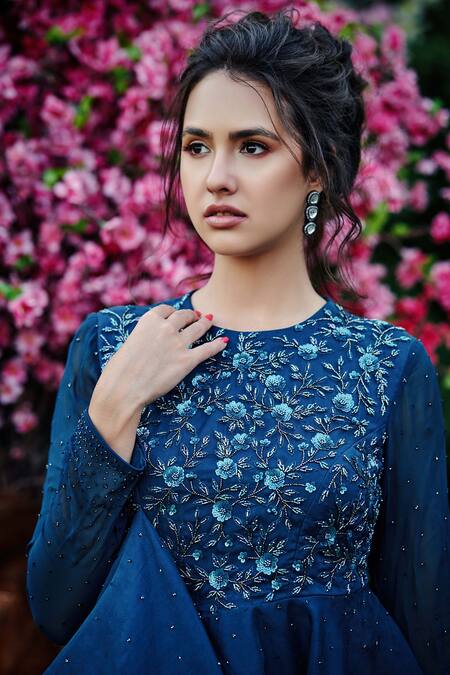 Suruchi Parakh_Blue Organza And Georgette Crepe Lining Shantoon Sequin, Tunic & Pant Set_Online_at_Aza_Fashions