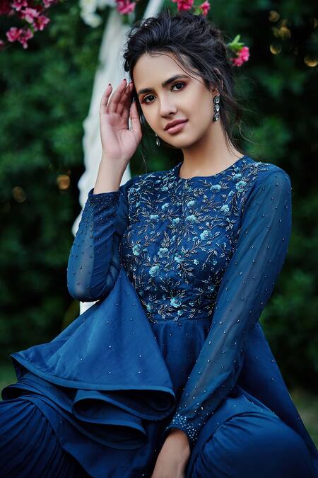 Buy_Suruchi Parakh_Blue Organza And Georgette Crepe Lining Shantoon Sequin, Tunic & Pant Set_Online_at_Aza_Fashions