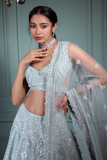Pallavi Poddar_Blue Organza, Tulle Sequins, Mirrors, Alpha Geometric Bridal Lehenga Set _Online_at_Aza_Fashions