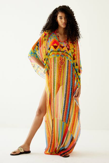 Payal Jain Yellow Georgette Geometric V Neck Pattern Long Kaftan Online at Aza Fashions Payal Jain_Yellow Georgette Geometric V Neck Pattern Long Kaftan_Online_at_Aza_Fashions