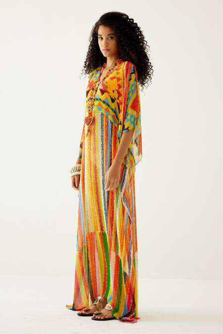 Buy Payal Jain Yellow Georgette Geometric V Neck Pattern Long Kaftan Online at Aza Fashions Buy_Payal Jain_Yellow Georgette Geometric V Neck Pattern Long Kaftan_Online_at_Aza_Fashions