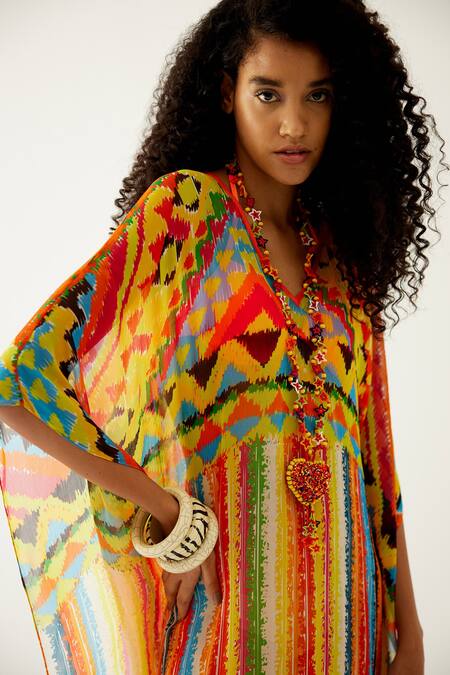 Shop Payal Jain Yellow Georgette Geometric V Neck Pattern Long Kaftan Online at Aza Fashions Shop_Payal Jain_Yellow Georgette Geometric V Neck Pattern Long Kaftan_Online_at_Aza_Fashions