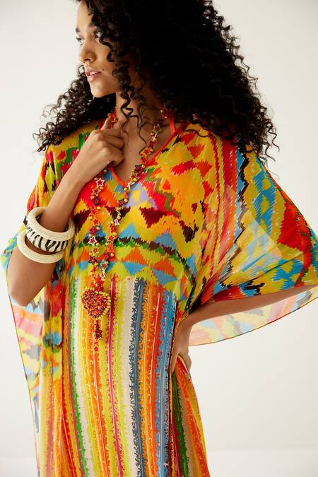 Payal Jain Yellow Georgette Geometric V Neck Pattern Long Kaftan at Aza Fashions Payal Jain_Yellow Georgette Geometric V Neck Pattern Long Kaftan_at_Aza_Fashions