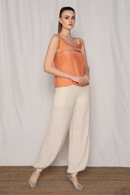 Buy_Amrta By Guneet Kondal_Coral Viscose, Modal Pearls, Beads, Zari Strappy Embroidered Top And Jogger Set _Online_at_Aza_Fashions