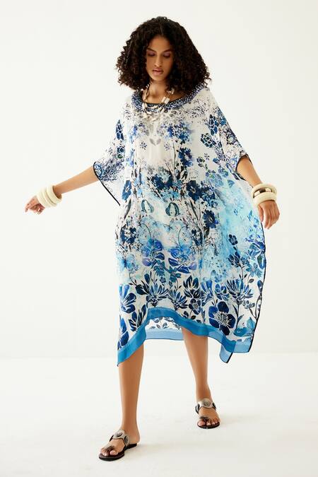 Payal Jain_Blue Crepe Floral V Neck Botanical Pattern Kaftan_Online_at_Aza_Fashions