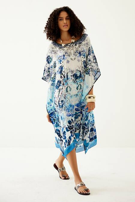Buy_Payal Jain_Blue Crepe Floral V Neck Botanical Pattern Kaftan_Online_at_Aza_Fashions