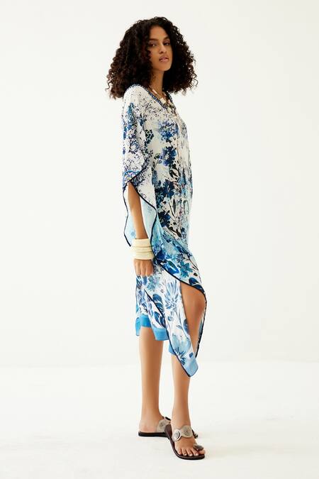 Shop_Payal Jain_Blue Crepe Floral V Neck Botanical Pattern Kaftan_Online_at_Aza_Fashions