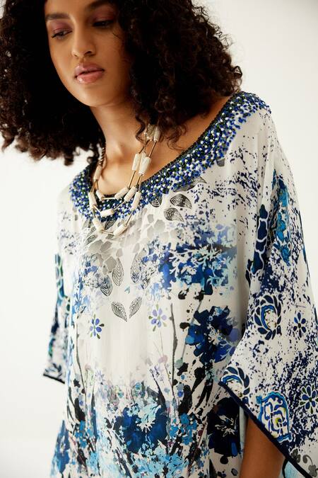 Payal Jain_Blue Crepe Floral V Neck Botanical Pattern Kaftan_at_Aza_Fashions