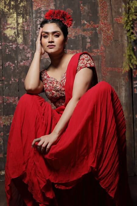 Shop_Usha Bagri_Red Chanderi Silk Embroidery Round Pre-draped Sharara Saree Set  _at_Aza_Fashions