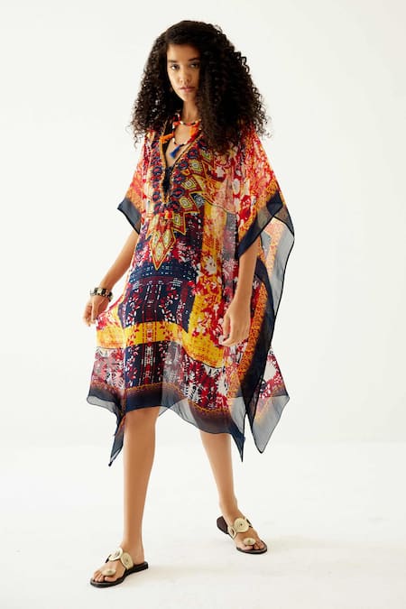 Payal Jain Multi Color Chiffon Abstract Pattern V Neck Kaftan Online at Aza Fashions Payal Jain_Multi Color Chiffon Abstract Pattern V Neck Kaftan_Online_at_Aza_Fashions