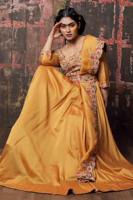 Shop_Usha Bagri_Yellow Chanderi Silk Embroidery Scoop Neck Anarkali With Dupatta  _at_Aza_Fashions