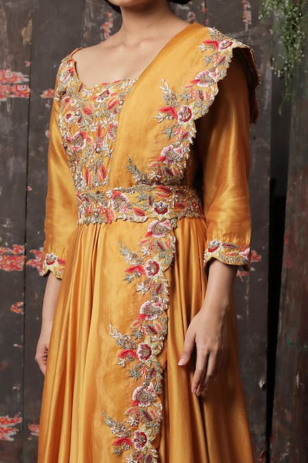 Usha Bagri_Yellow Chanderi Silk Embroidery Scoop Neck Anarkali With Dupatta  _Online_at_Aza_Fashions