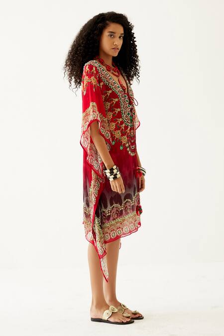 Buy_Payal Jain_Red Georgette Jewellery Pattern V Neck Kaftan_Online_at_Aza_Fashions
