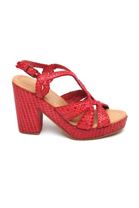 Buy Tissr Red Textured Leather Block Heels Online at Aza Fashions Buy_Tissr_Red Textured Leather Block Heels_Online_at_Aza_Fashions