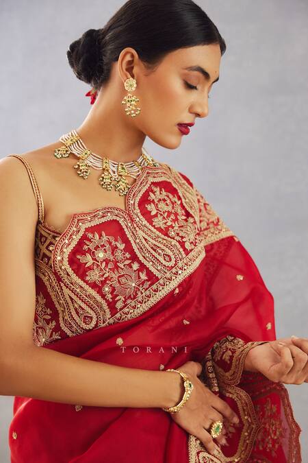 Shop Torani Red Silk Organza Dori, Adda Sindoori Yashaswini Saree Online at Aza Fashions Shop_Torani_Red Silk Organza Dori, Adda Sindoori Yashaswini Saree _Online_at_Aza_Fashions