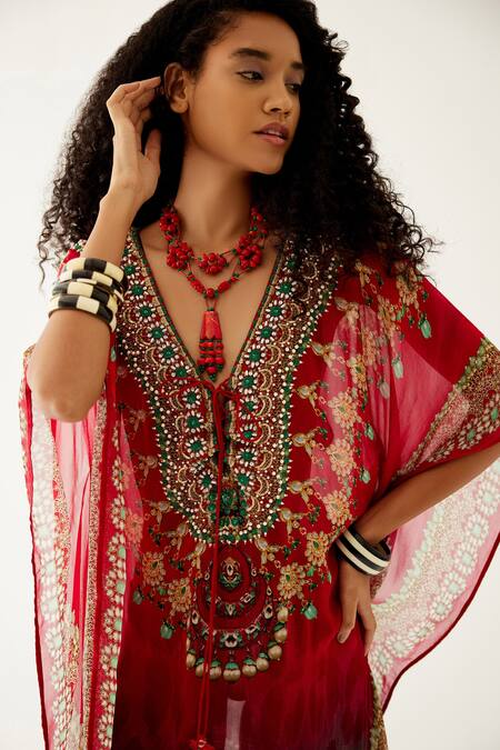 Payal Jain_Red Georgette Jewellery Pattern V Neck Kaftan_at_Aza_Fashions