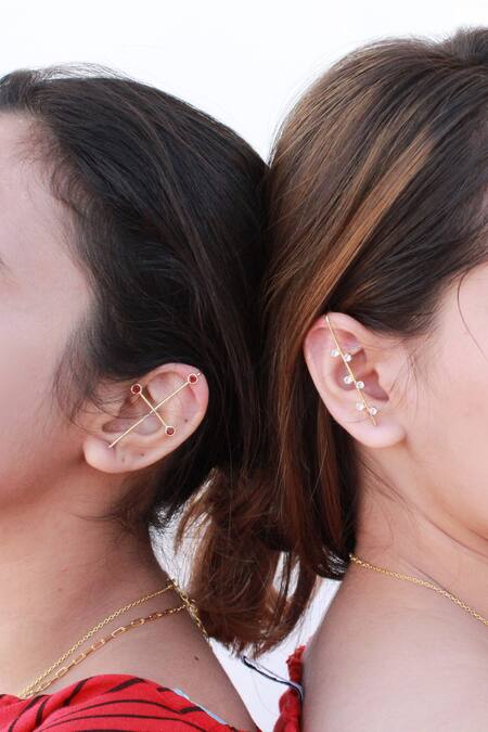 Anushka Jain Jewellery_Gold Plated Cross Diamond Ear Pointers_Online_at_Aza_Fashions