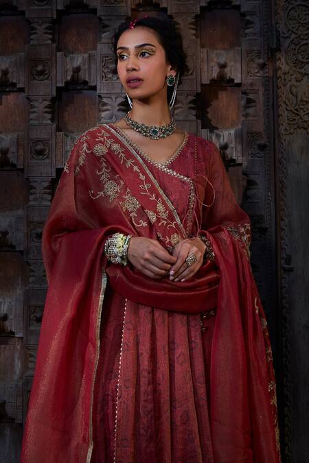 Shop Kritika Dawar Orange Chanderi, Tissue Beads, Embroidery Bandhani Print Angarkha Kurta Pant Set Online at Aza Fashions Shop_Kritika Dawar_Orange Chanderi, Tissue Beads, Embroidery Bandhani Print Angarkha Kurta Pant Set_Online_at_Aza_Fashions